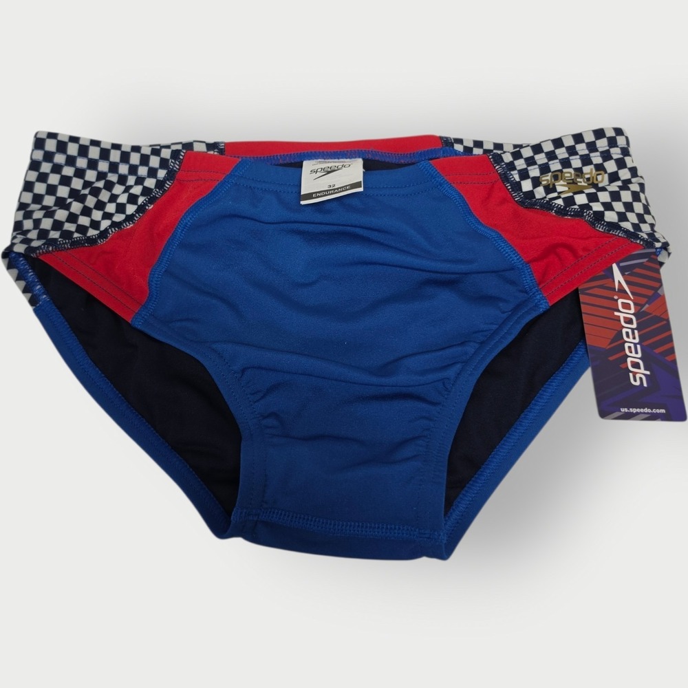 New Men Speedo Eco Endurance Swim Briefs Size 32 True Cobalt Checkered Trunks